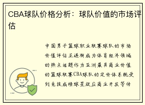 CBA球队价格分析：球队价值的市场评估