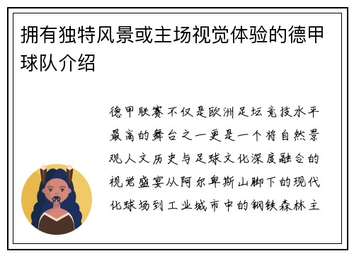 拥有独特风景或主场视觉体验的德甲球队介绍