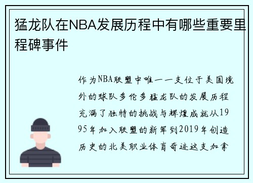 猛龙队在NBA发展历程中有哪些重要里程碑事件